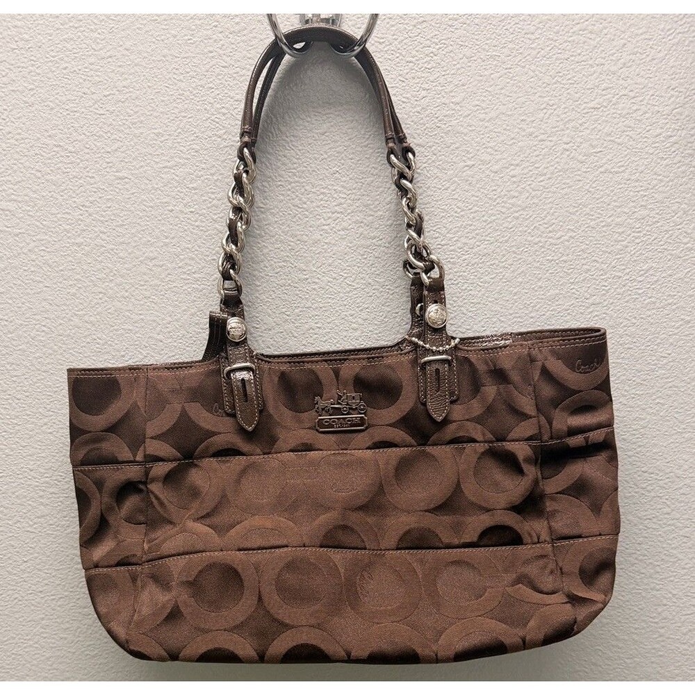 Coach 14133 Madison Tribeca Op Art Sateen E/W Tote Brown Pink Shoulder Bag